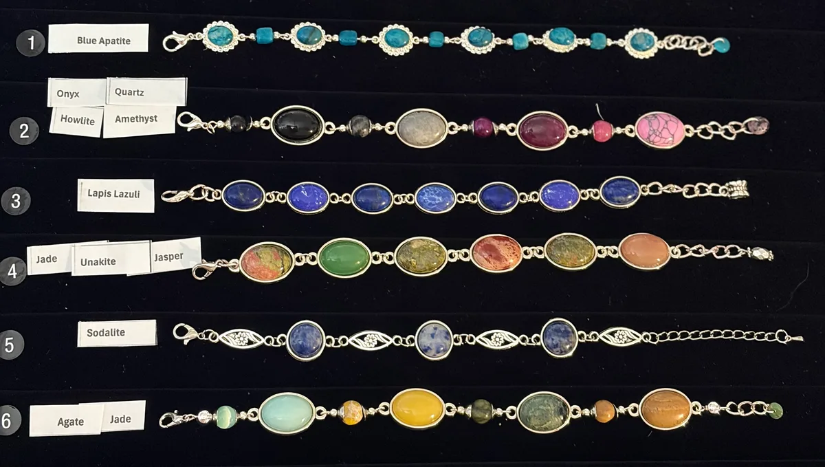 Six adjustable gemstone link bracelets, numbered 1–6, with blue apatite, mixed stones, lapis lazuli, jade, sodalite, and agate