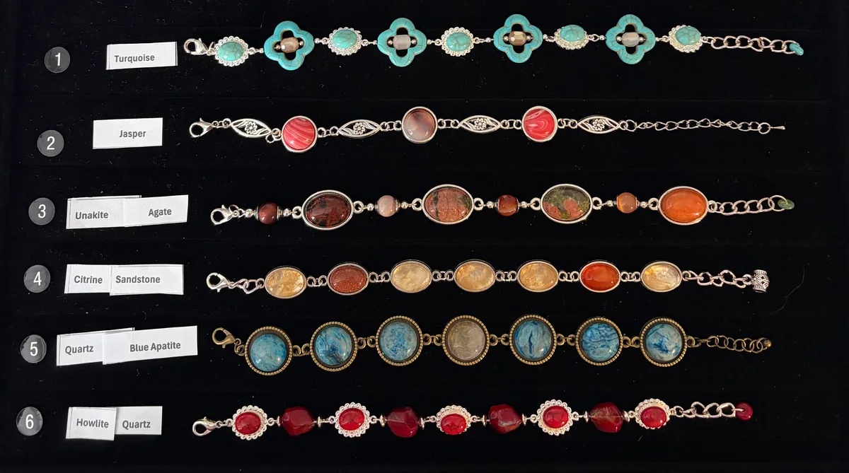 Six adjustable gemstone link bracelets, numbered 1–6, with turquoise, jasper, unakite, citrine, blue apatite, and howlite
