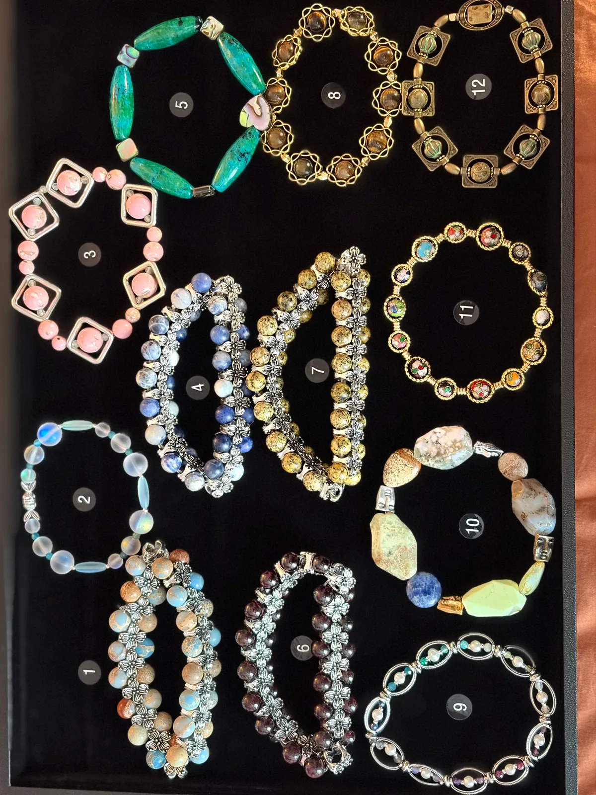 Assorted Bracelets (items #1–12) handcrafted by Patty