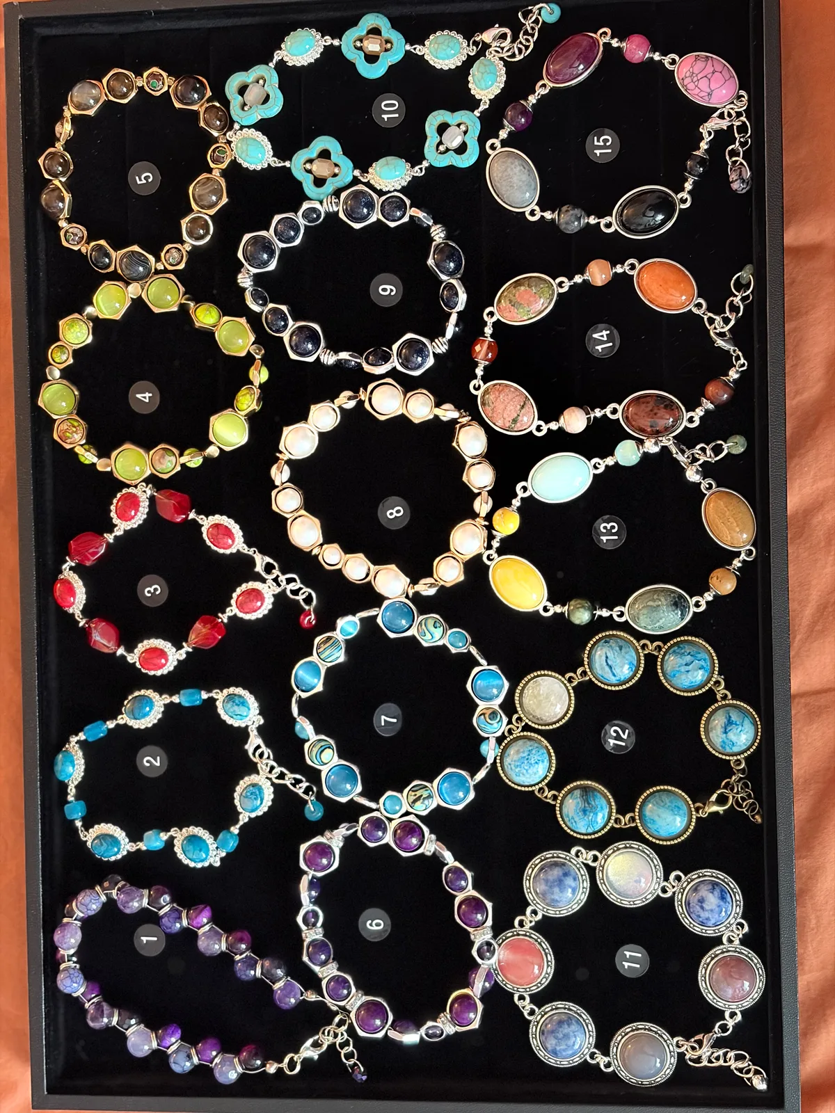 Colorful Gemstone Bracelets (items #1–15) handcrafted by Patty