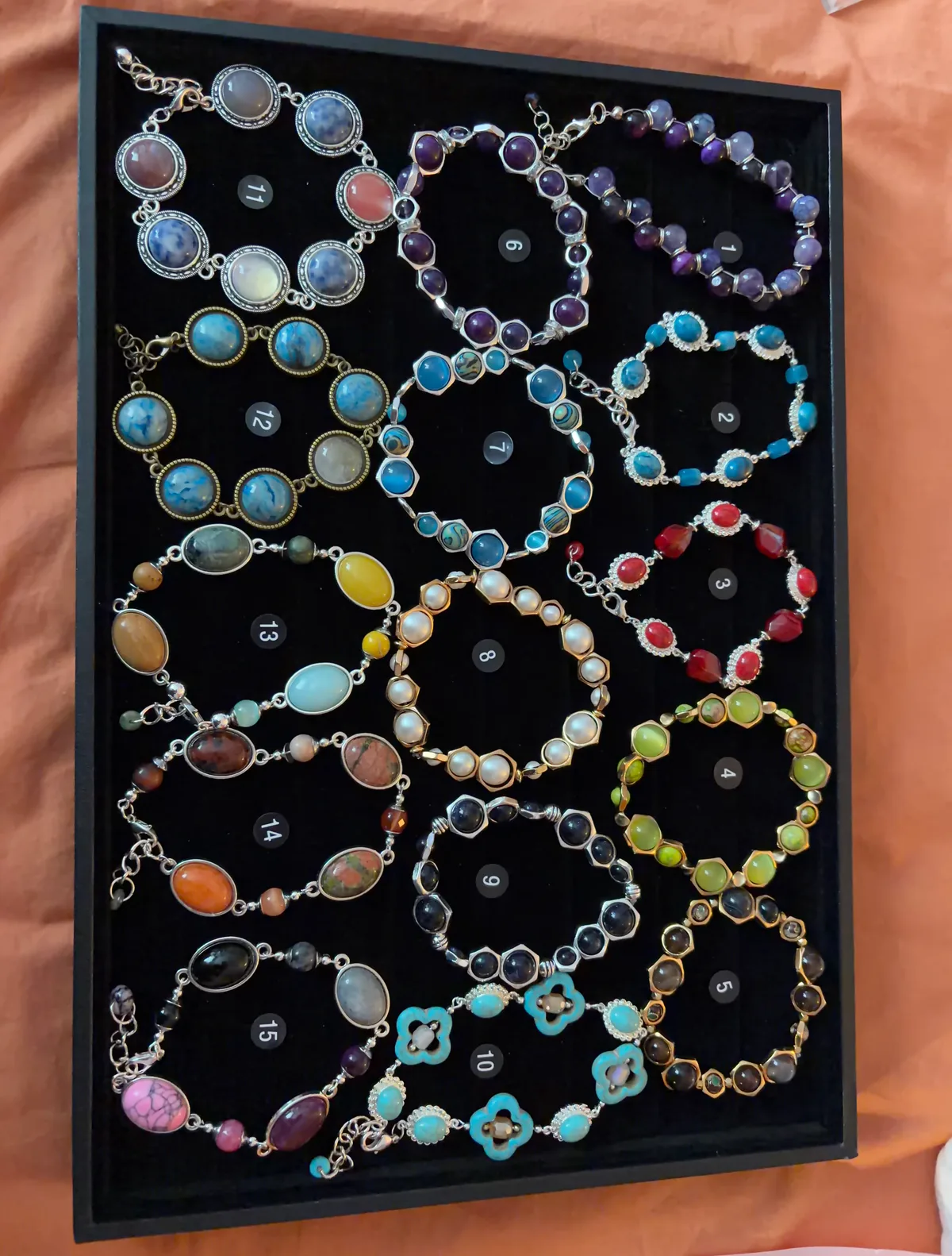 Gemstone Bracelets (items #1–15) handcrafted by Patty