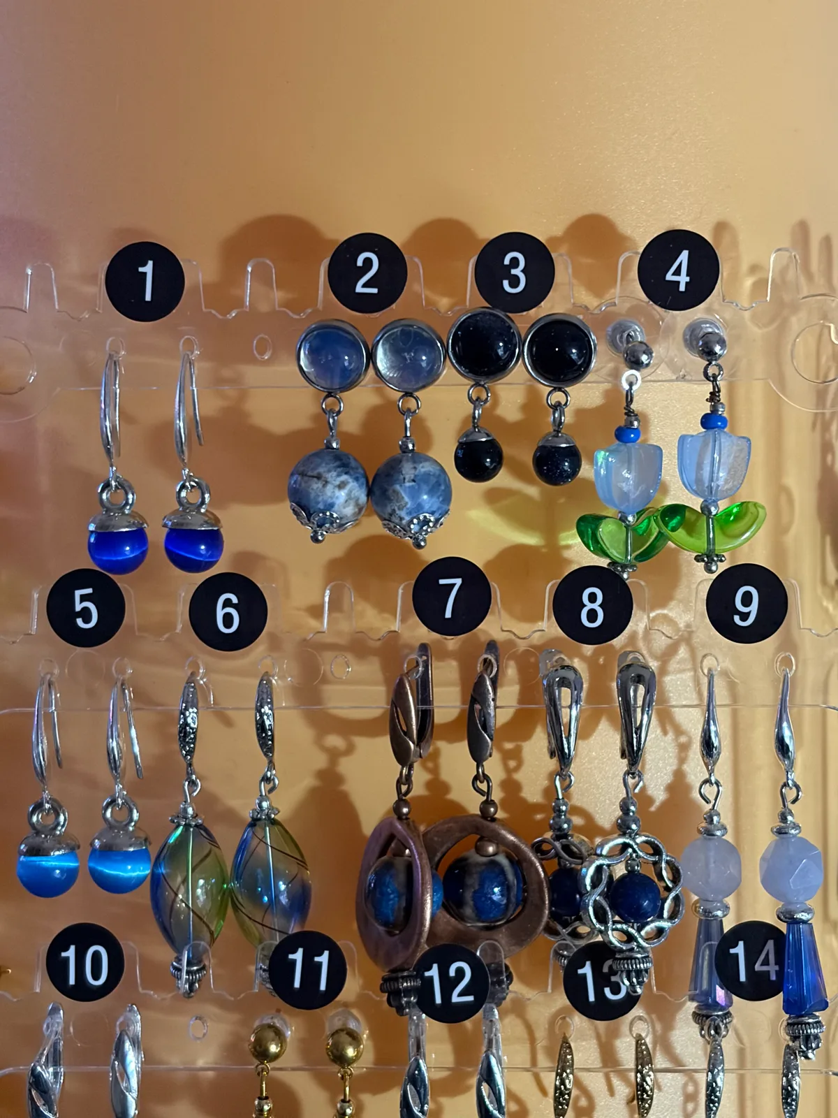 Blue Earrings (items #1–14) handcrafted by Patty