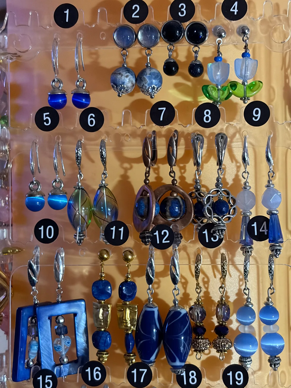 Blue Earrings (items #1–19) handcrafted by Patty