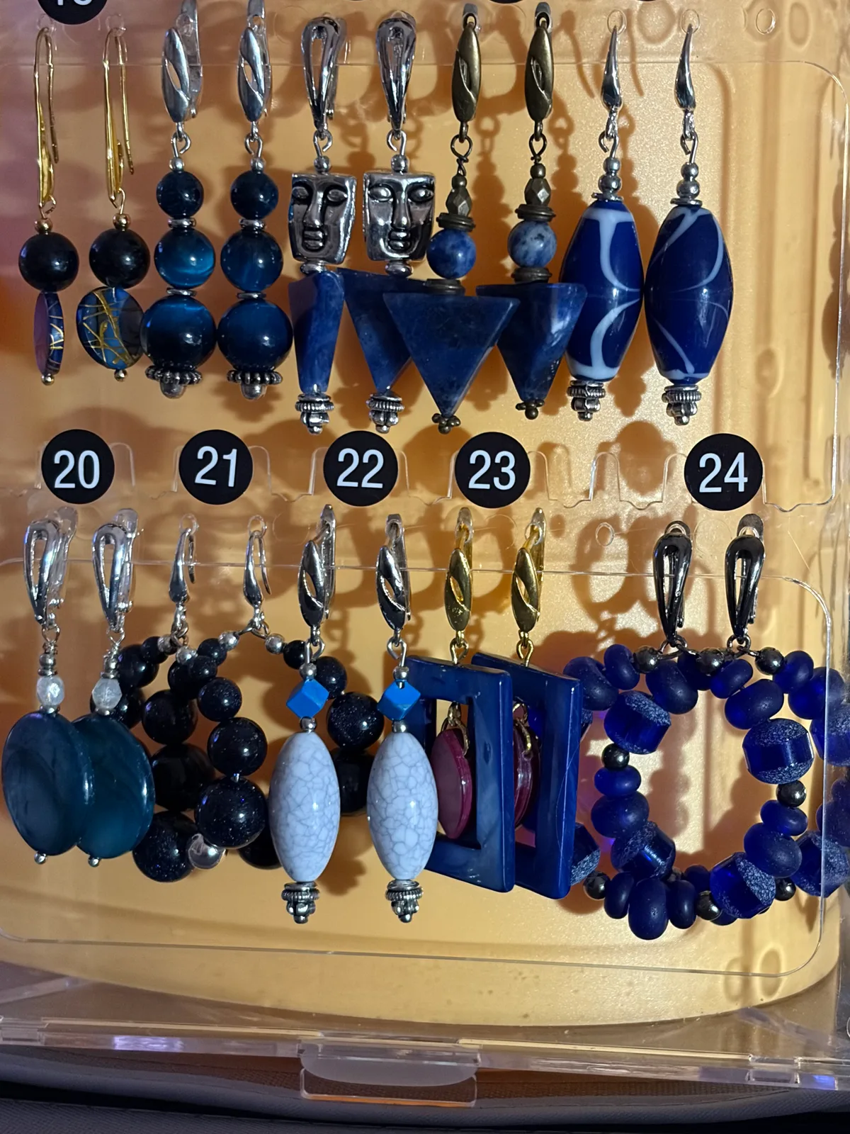 Blue Earrings (items #20–24) handcrafted by Patty