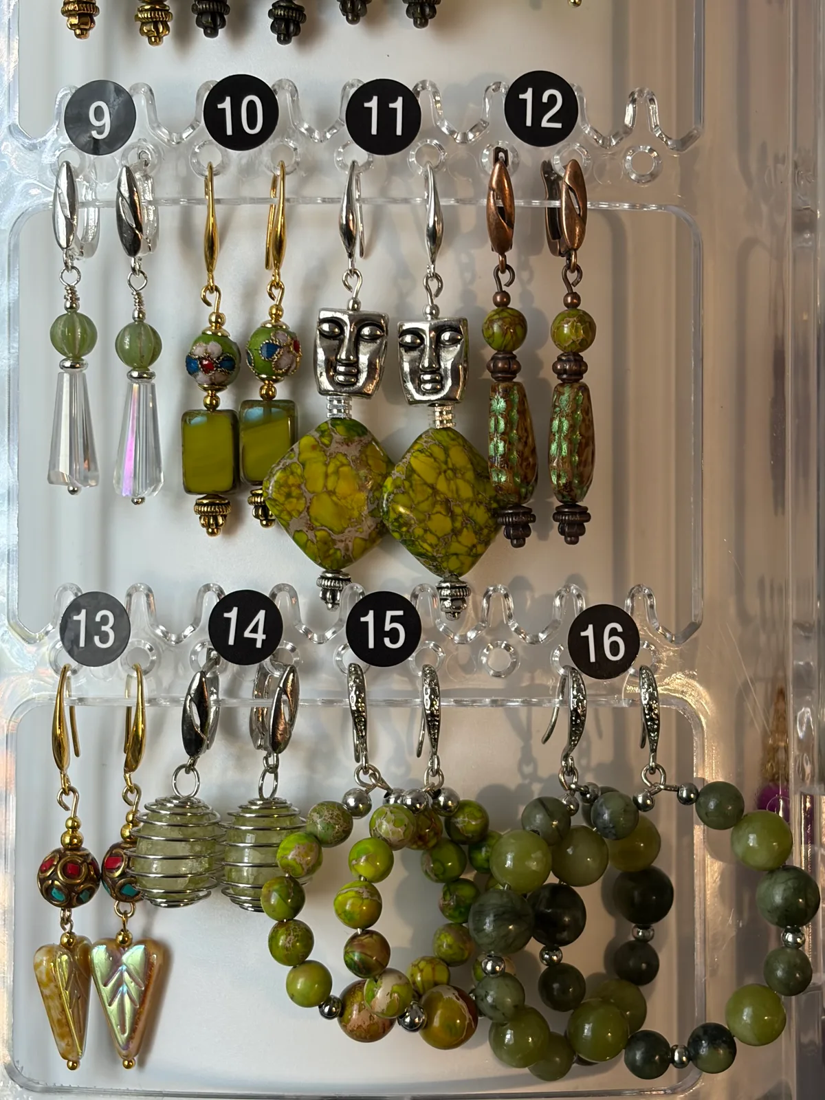 Green Gold Earrings (items #9–16) handcrafted by Patty