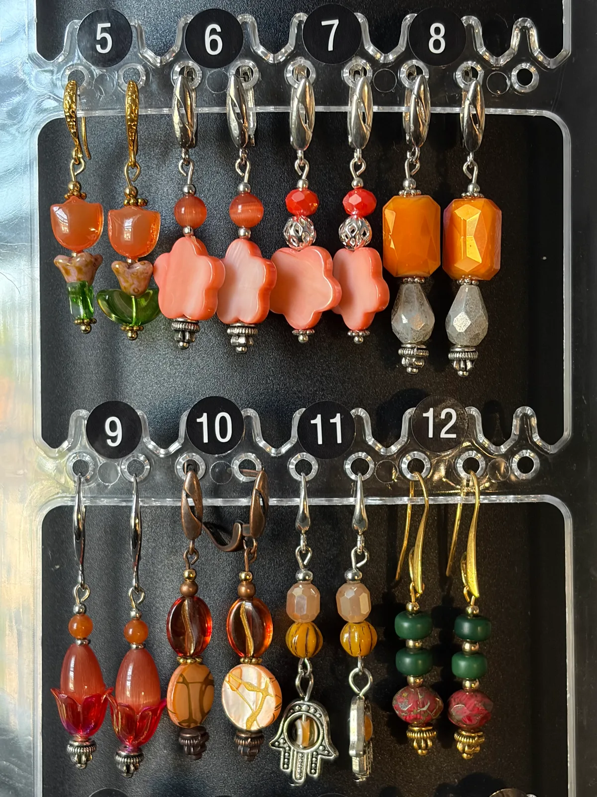 Orange Coral Earrings (items #5–12) handcrafted by Patty