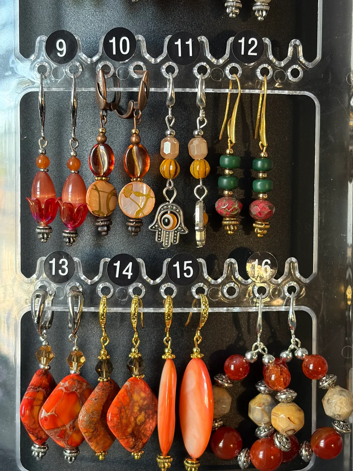 Orange Red Earrings (items #9–16) handcrafted by Patty