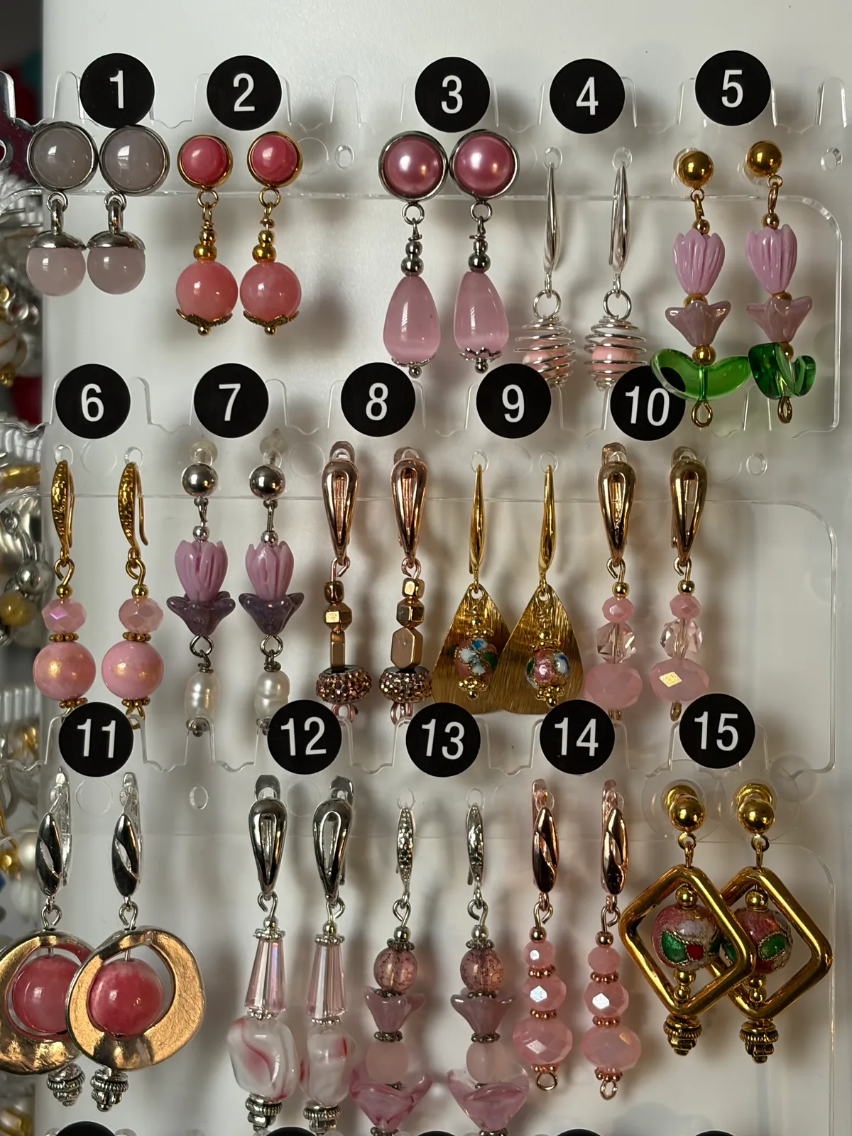 Pink Earrings (items #1–15) handcrafted by Patty