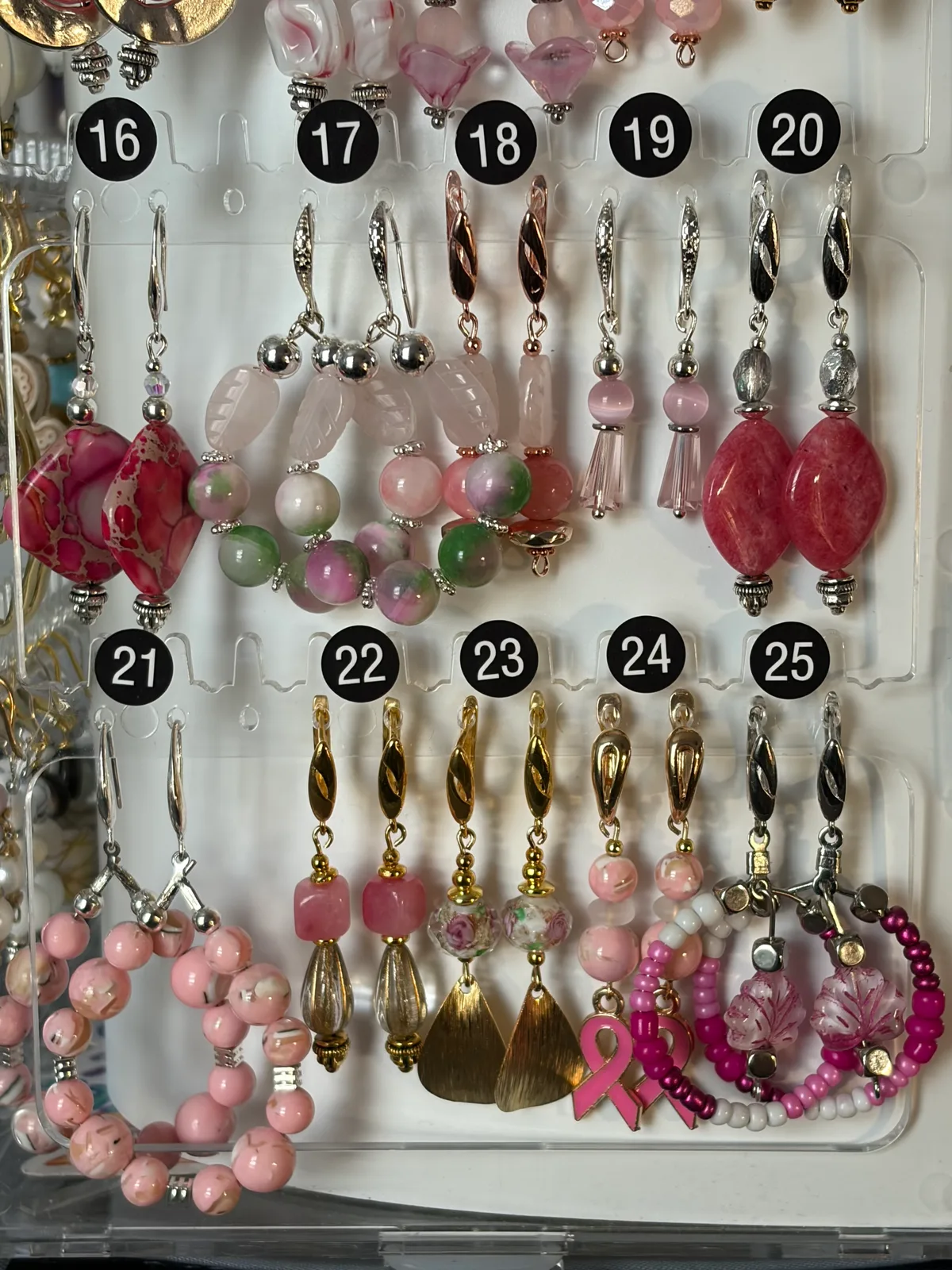 Pink Earrings (items #16–25) handcrafted by Patty