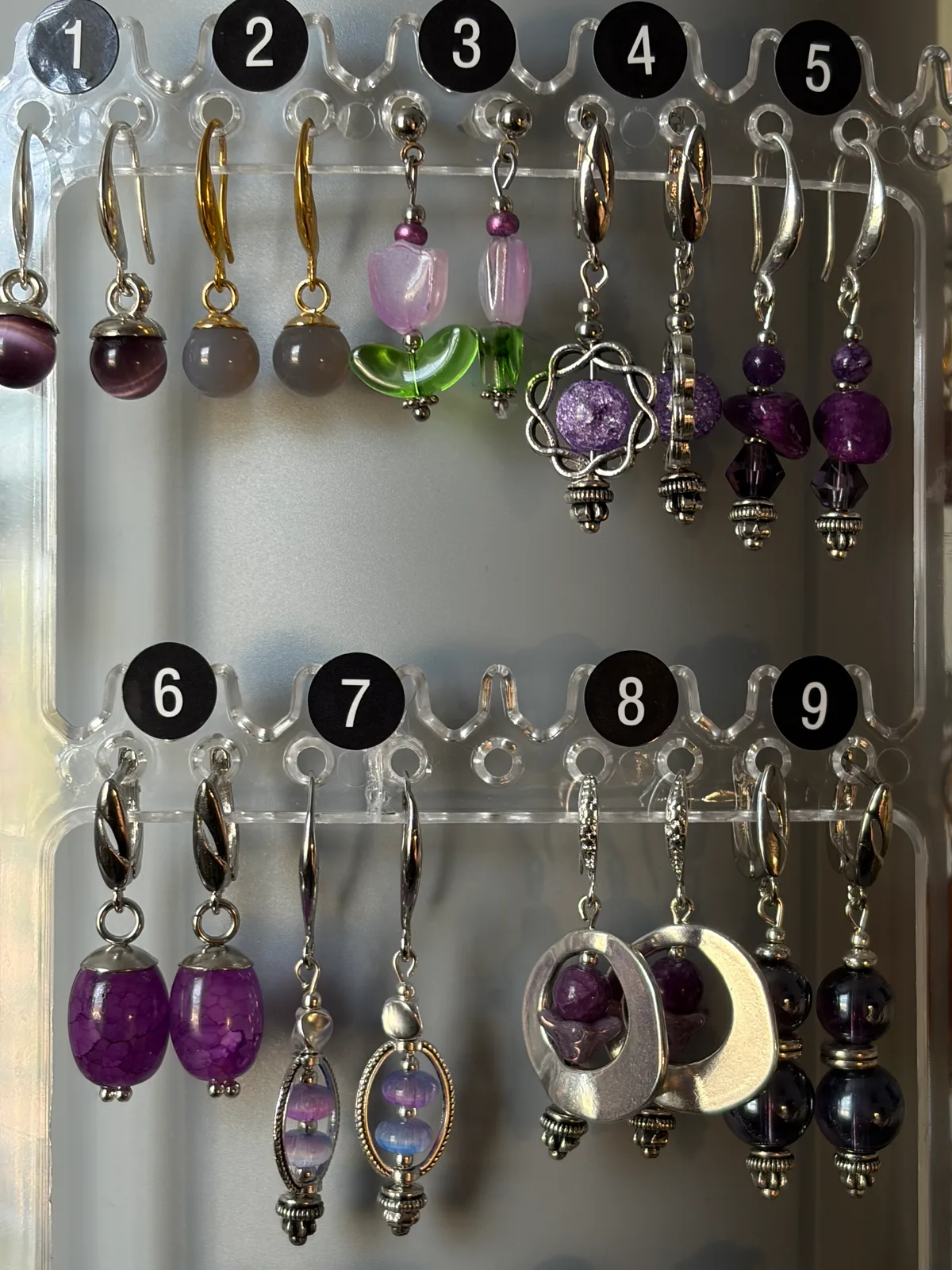 Purple Earrings (items #1–9) handcrafted by Patty