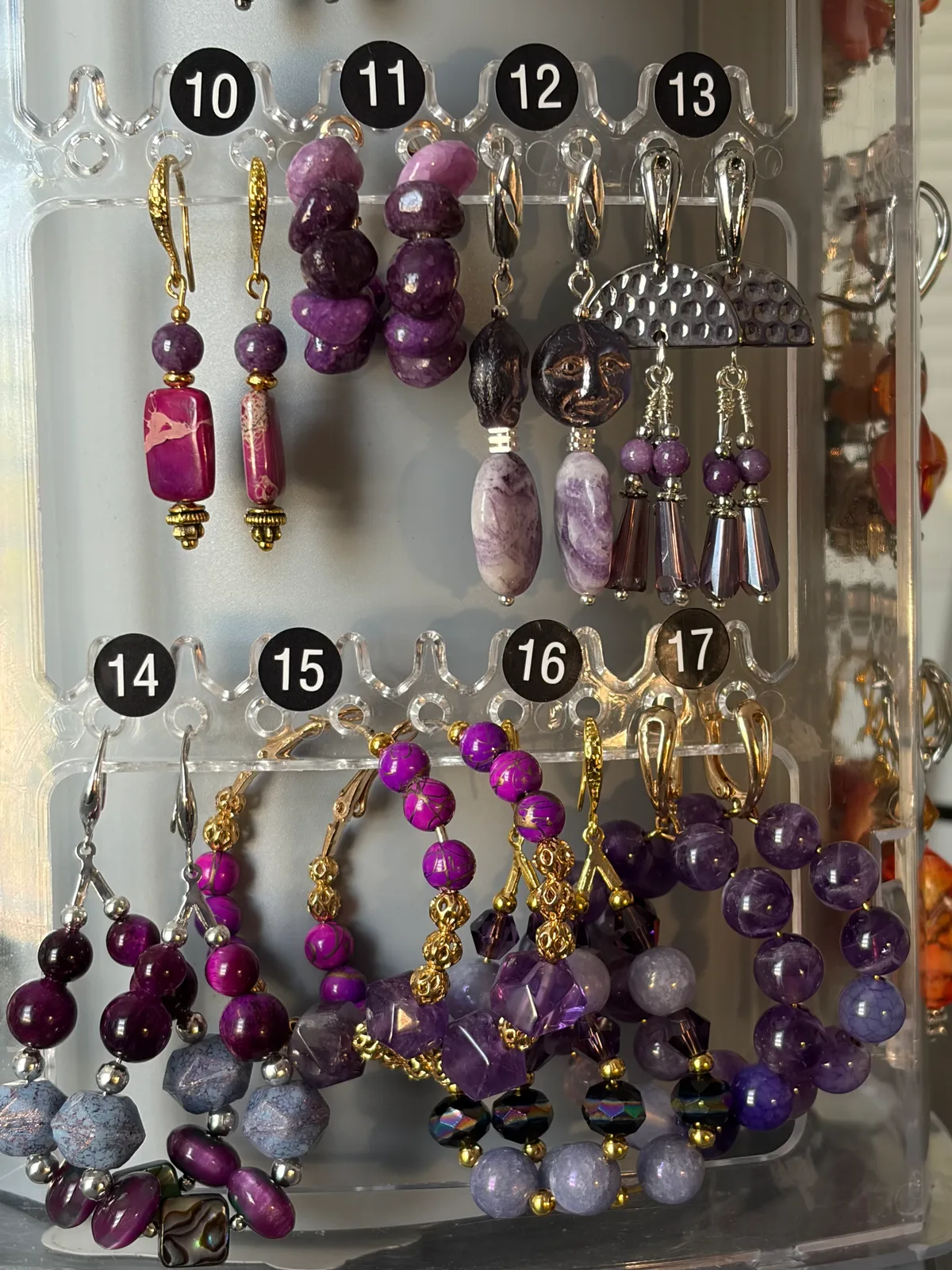 Purple Earrings (items #10–17) handcrafted by Patty