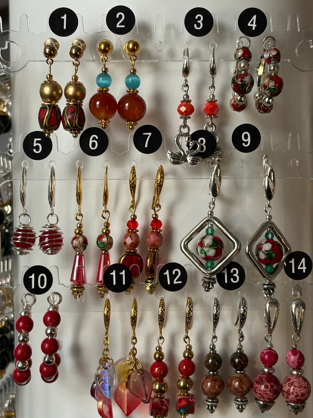 Red Multicolor Earrings (items #1–14) handcrafted by Patty