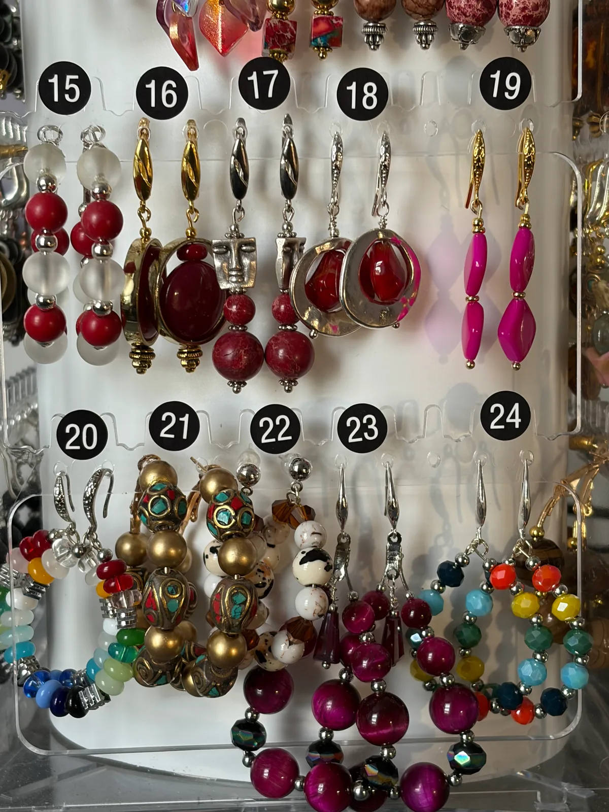 Red Pink Earrings (items #15–24) handcrafted by Patty