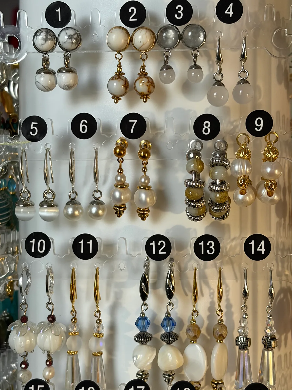 White Pearl Earrings (items #1–14) handcrafted by Patty