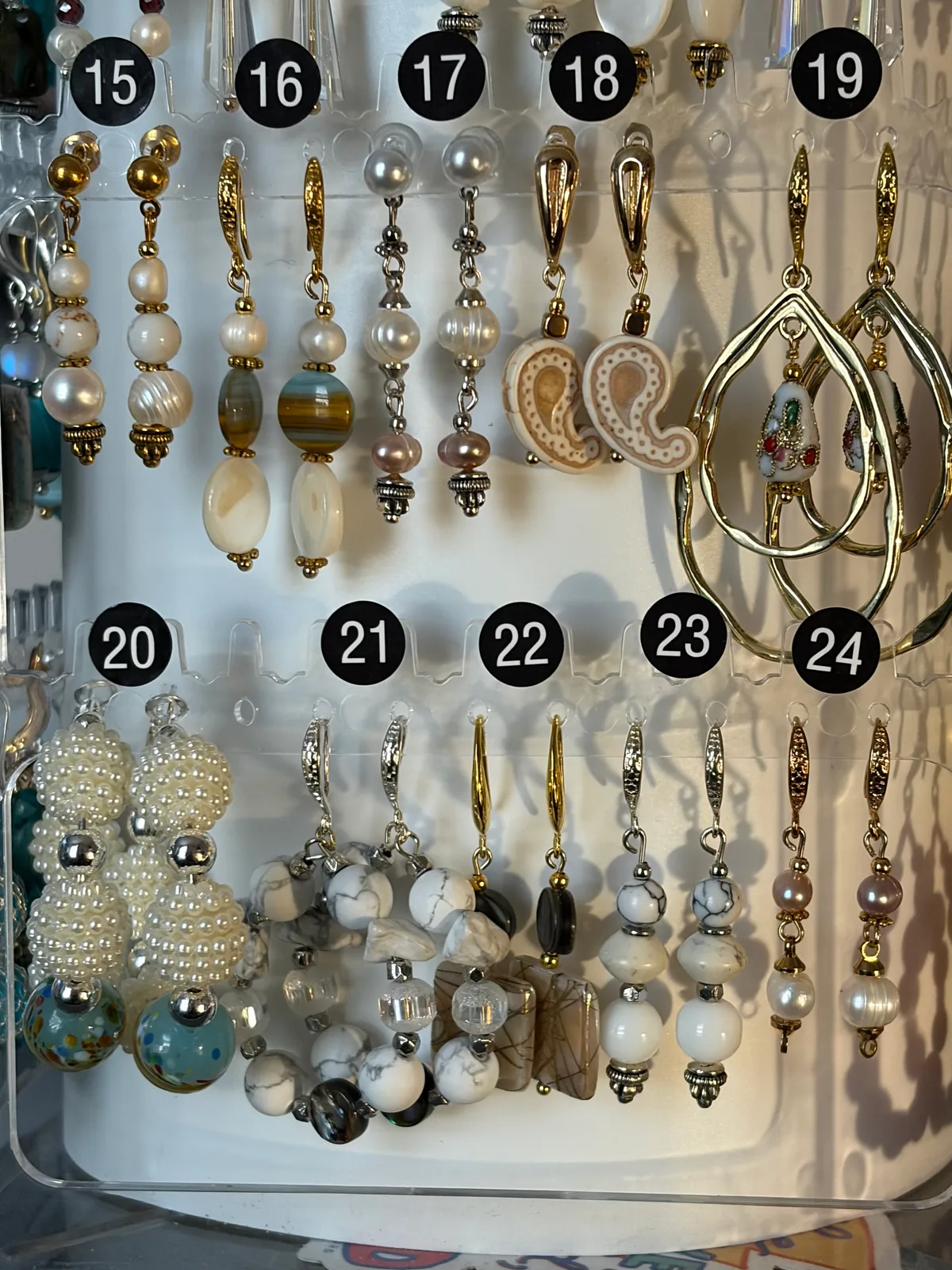 White Pearl Earrings (items #15–24) handcrafted by Patty