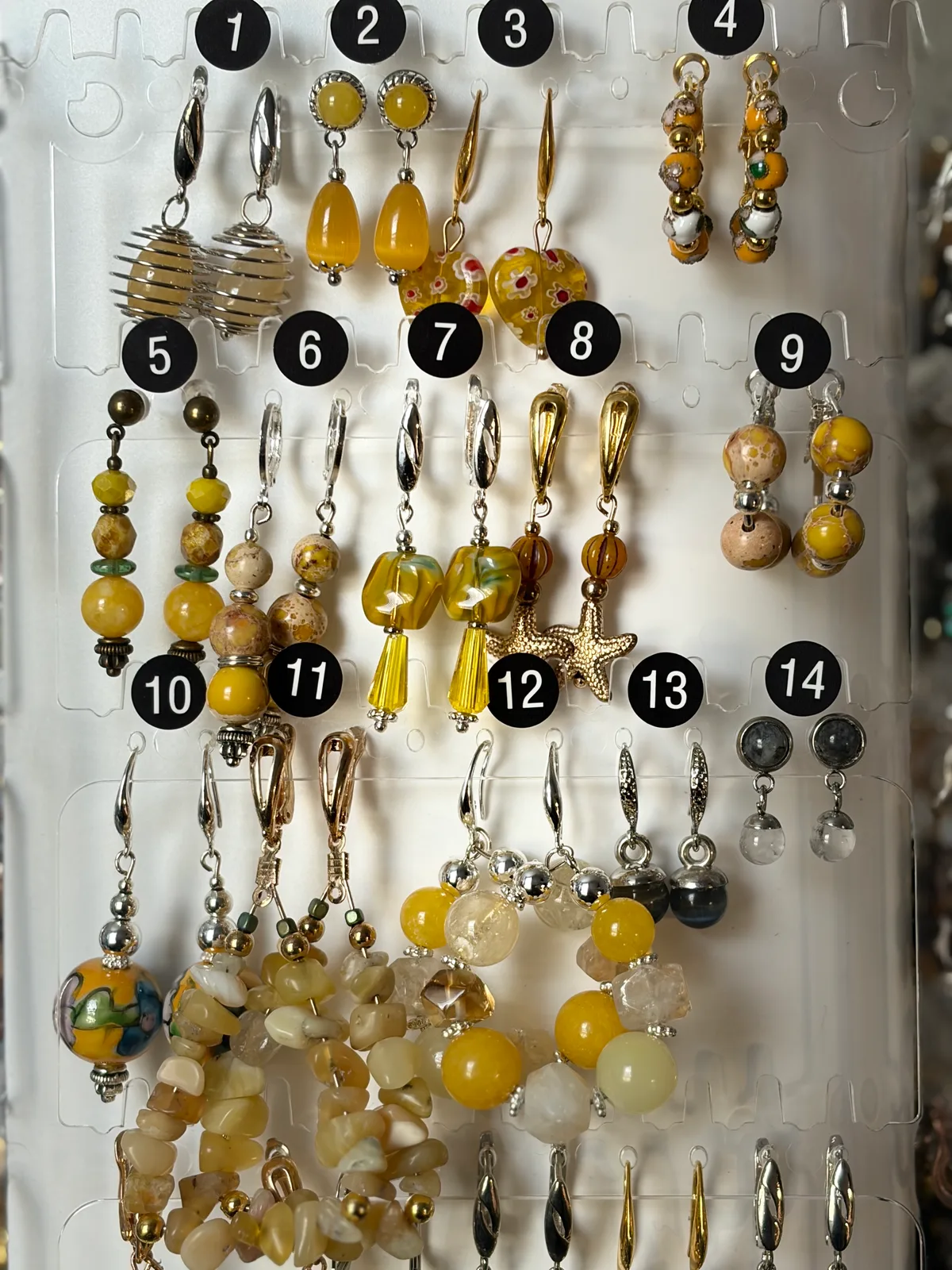 Yellow Cream Earrings (items #1–14) handcrafted by Patty