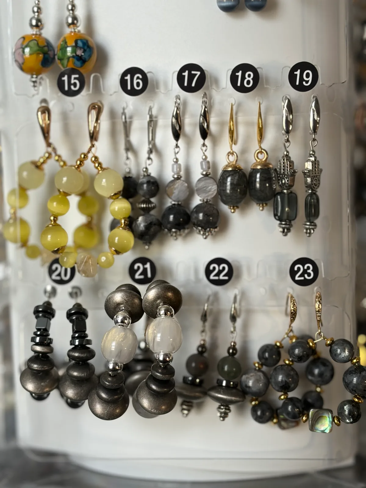 Yellow Gray Earrings (items #15–23) handcrafted by Patty