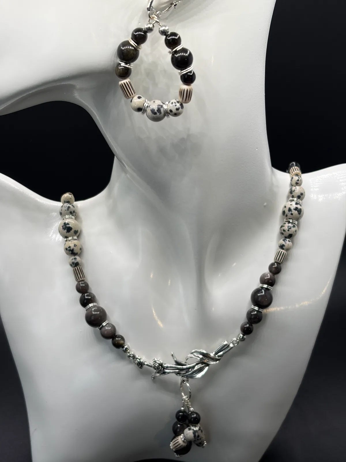 Black White Bead Necklace Hoop Earring Set handcrafted by Patty