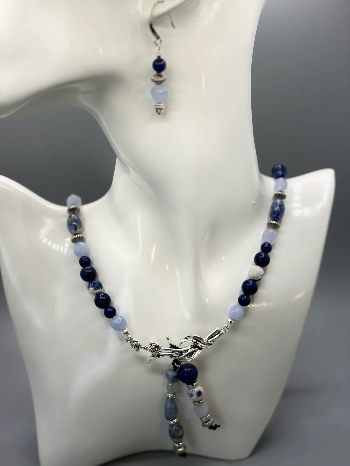 Blue White Bead Necklace handcrafted by Patty