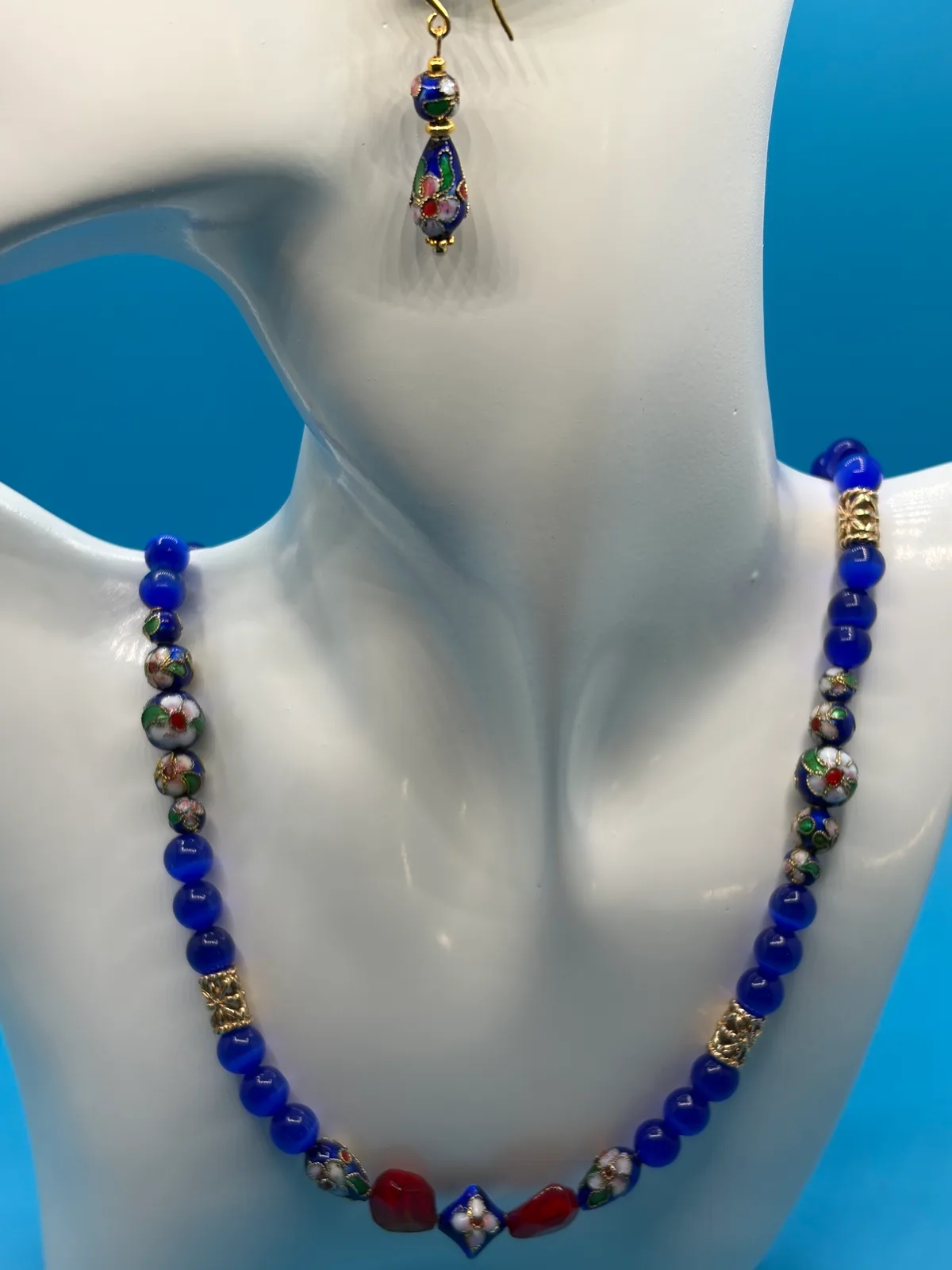 Cobalt Blue Floral Bead Necklace Earring handcrafted by Patty