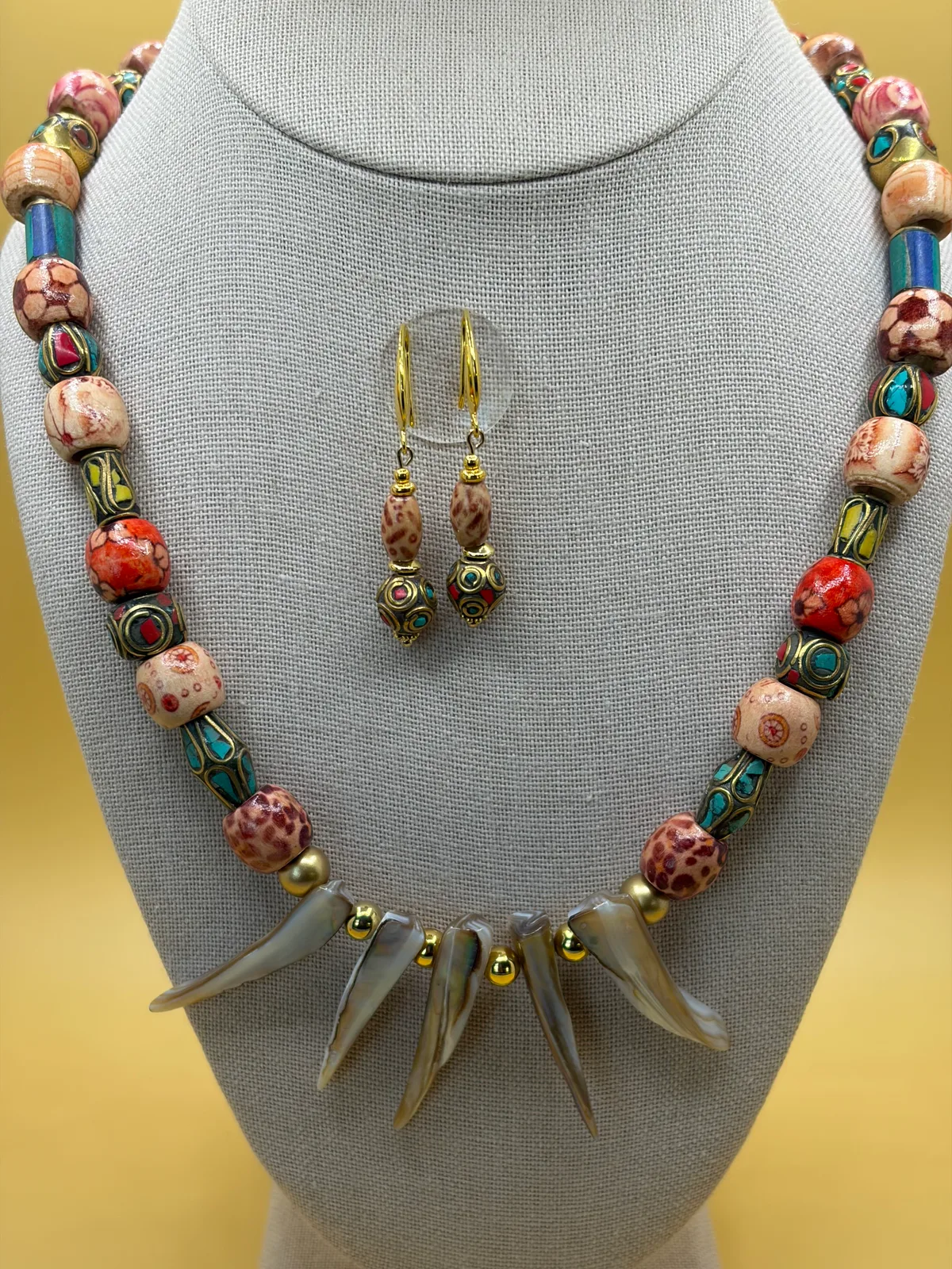 Coral Turquoise Claw Necklace Earrings handcrafted by Patty