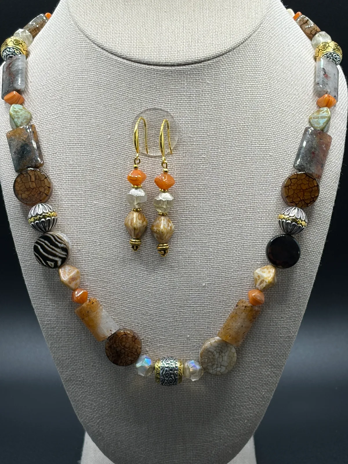 Earth Tone Bead Necklace Orange Earrings handcrafted by Patty