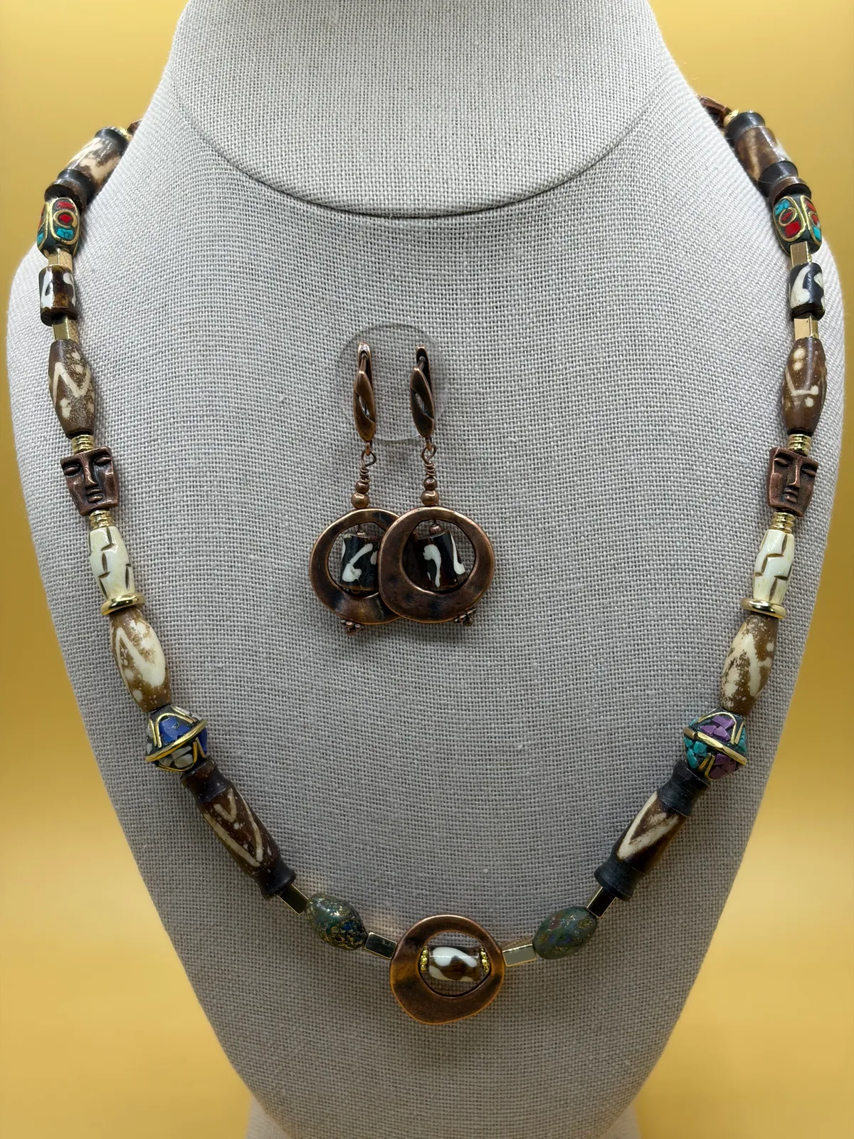 Etched Tubular Bead Necklace Round Earrings handcrafted by Patty