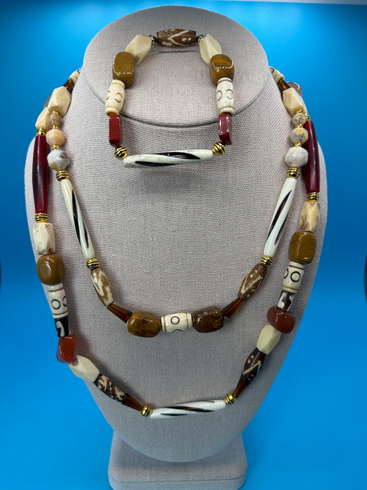 Layered Tan Burgundy Tribal Bead Necklace Set handcrafted by Patty