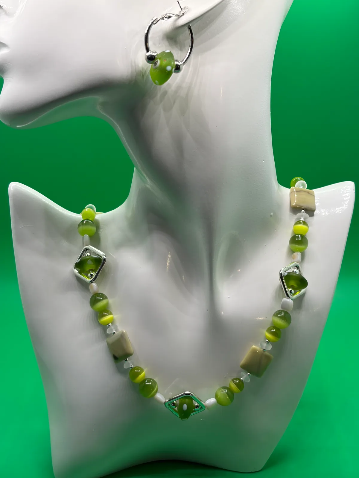 Lime Green Glass Necklace Hoop Earring handcrafted by Patty