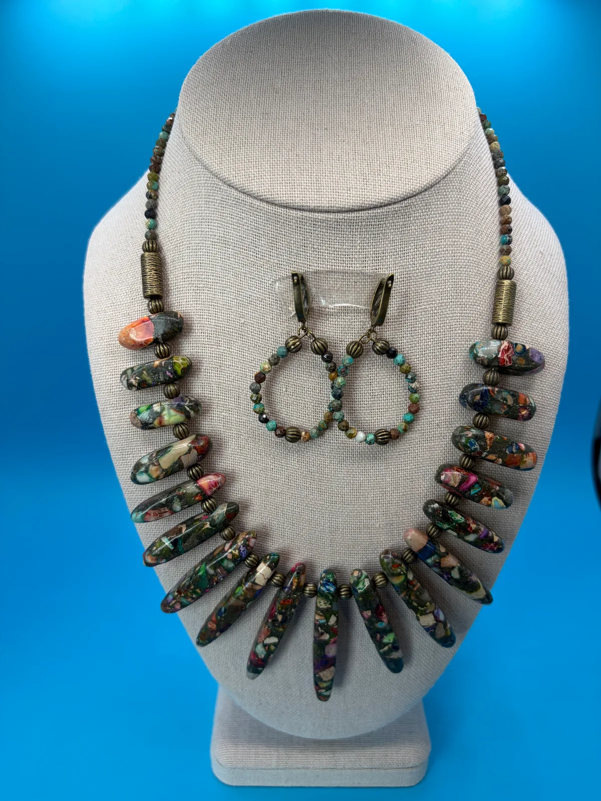 Mosaic Spike Necklace Hoop Earrings Set handcrafted by Patty