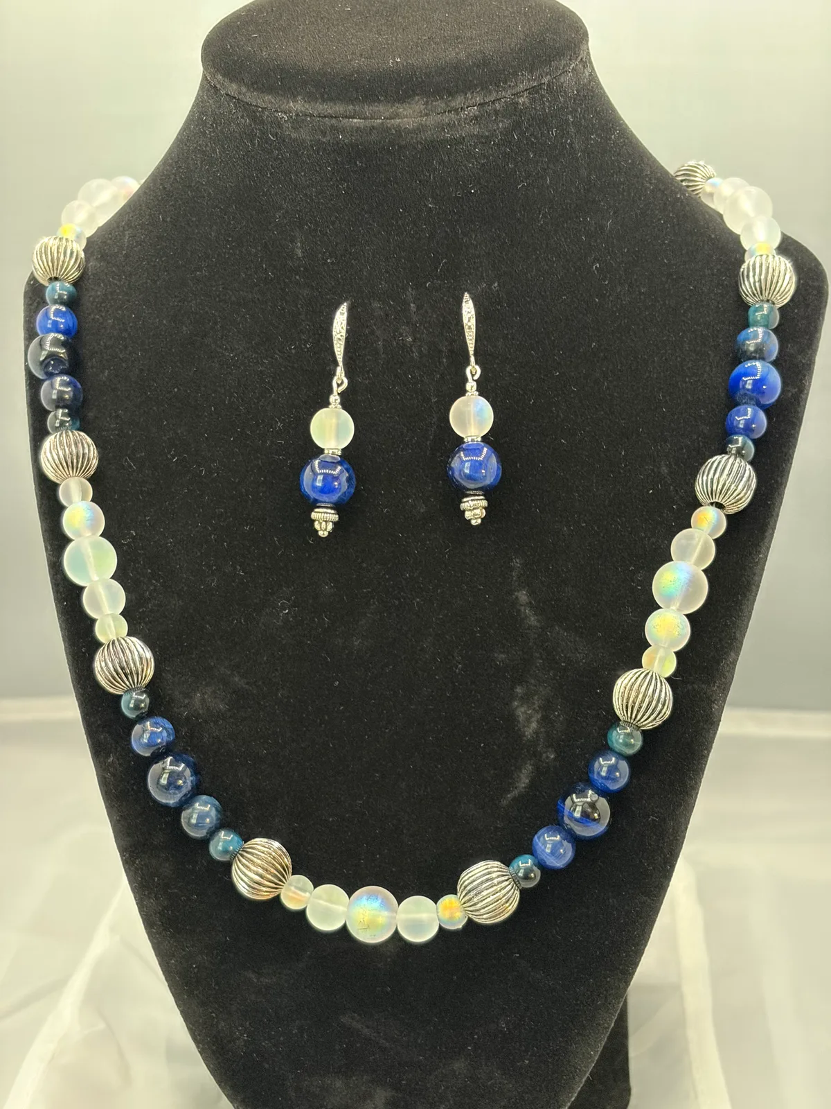 Navy, white and silver beaded necklace and earring set by Patty