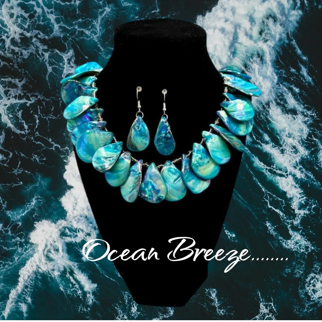 Teal shell Ocean Breeze necklace and earring set by Patty