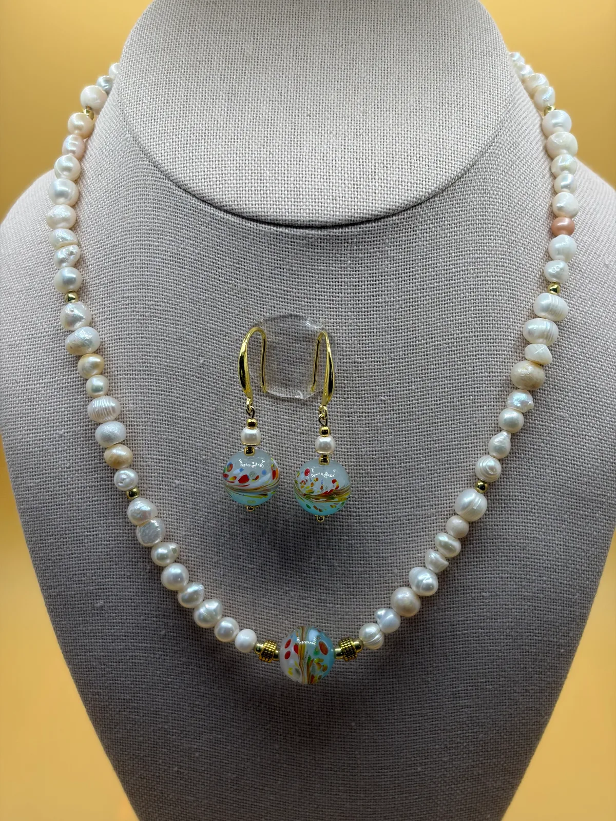 Pearl Necklace Floral Earrings Set handcrafted by Patty