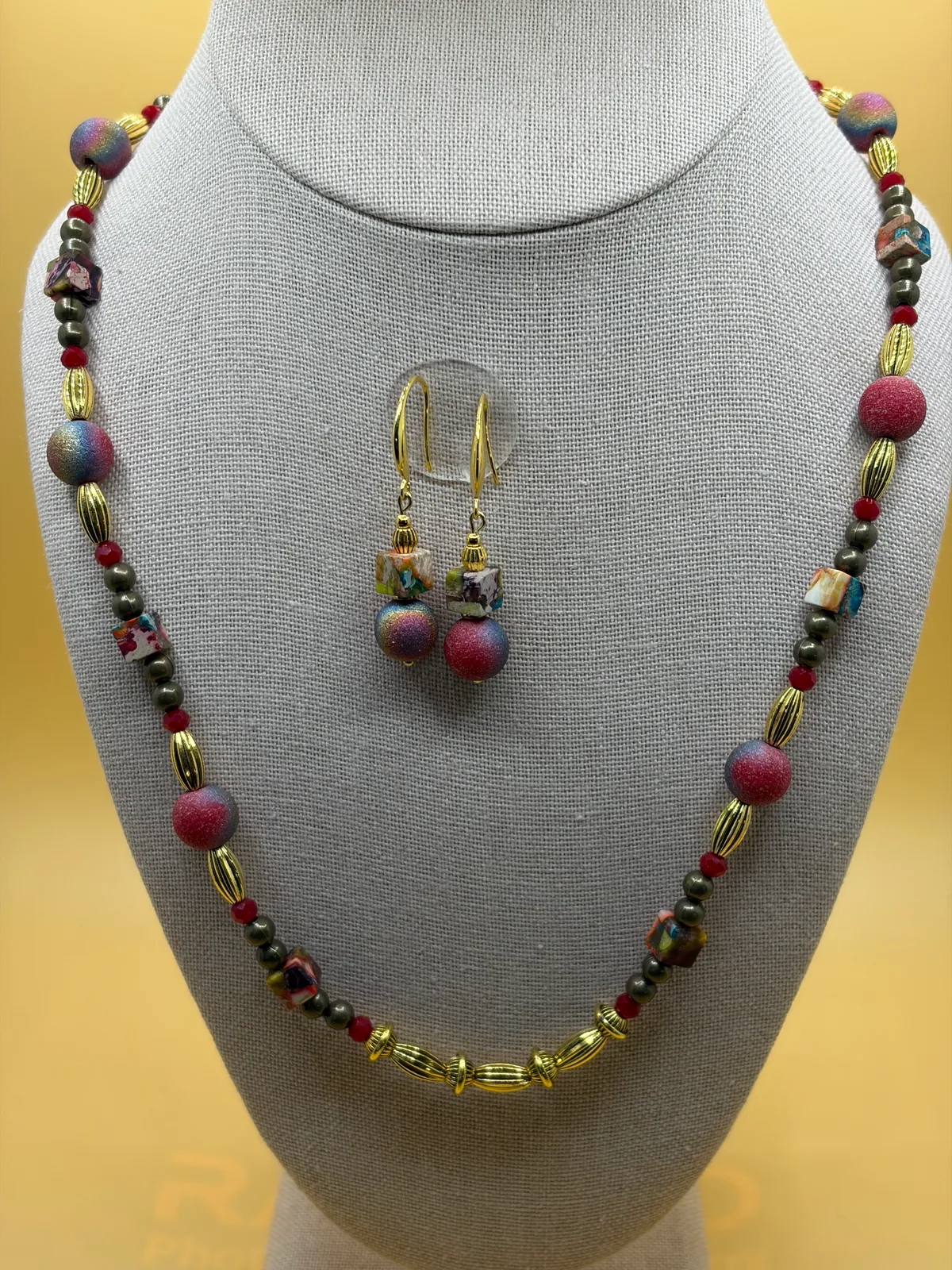Pink Multicolor Long Bead Necklace Earrings handcrafted by Patty