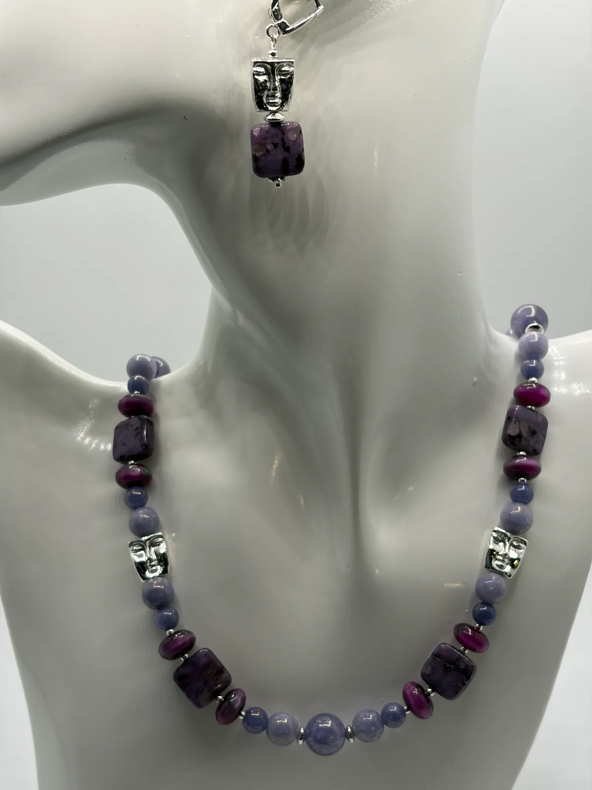 Purple Lavender Bead Necklace Mask Earring handcrafted by Patty