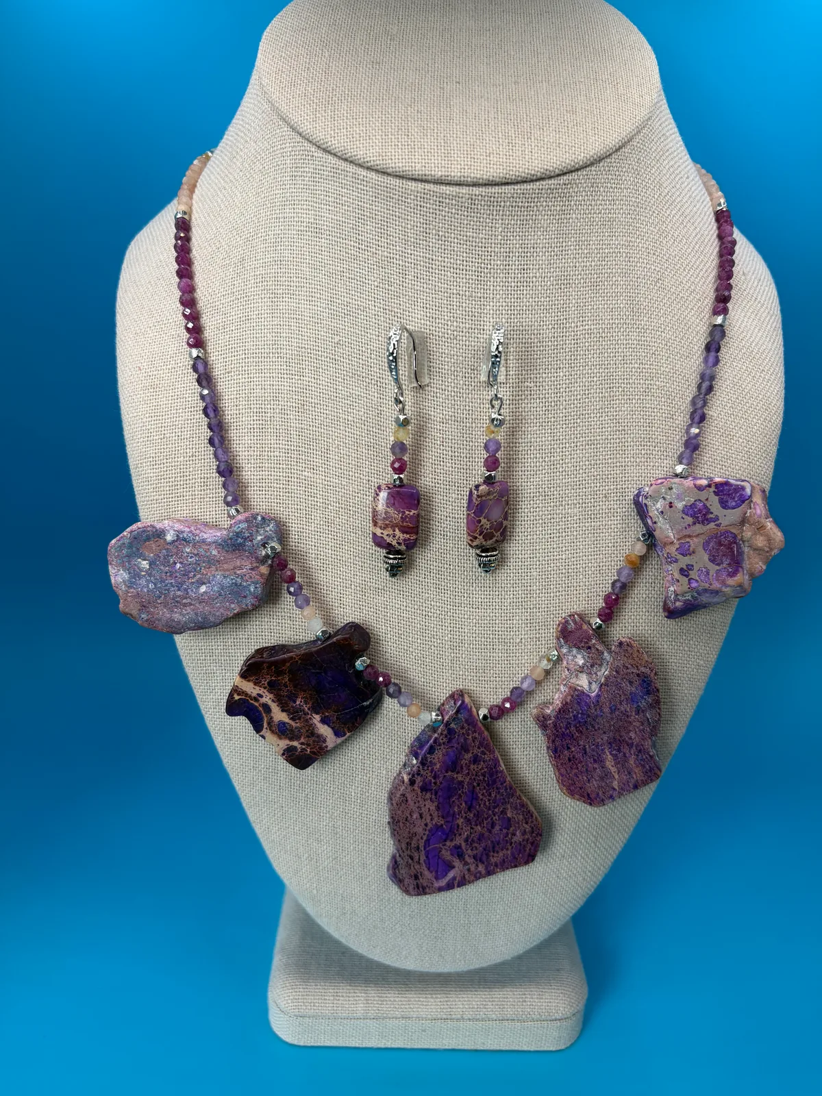 Purple Stone Slab Necklace Earrings Set handcrafted by Patty