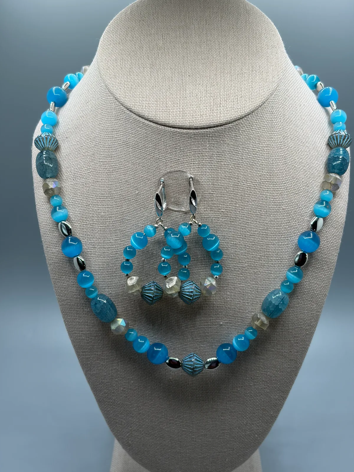 Sky Blue Bead Necklace Hoop Earrings handcrafted by Patty