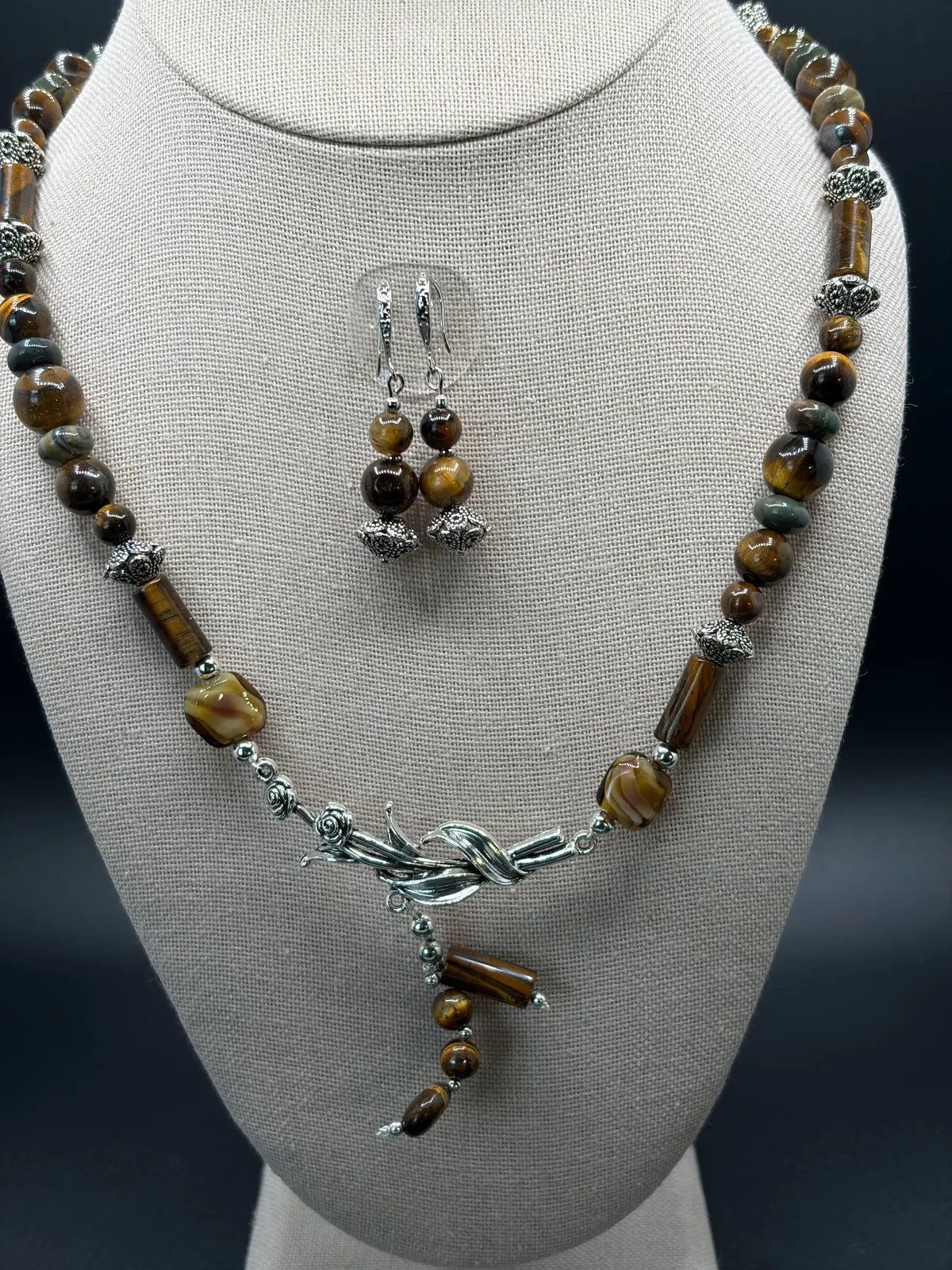 Tiger Eye Brown Bead Necklace Earrings Set handcrafted by Patty