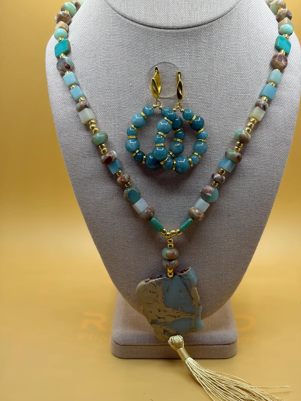 Turquoise Tassel Necklace Round Earrings handcrafted by Patty